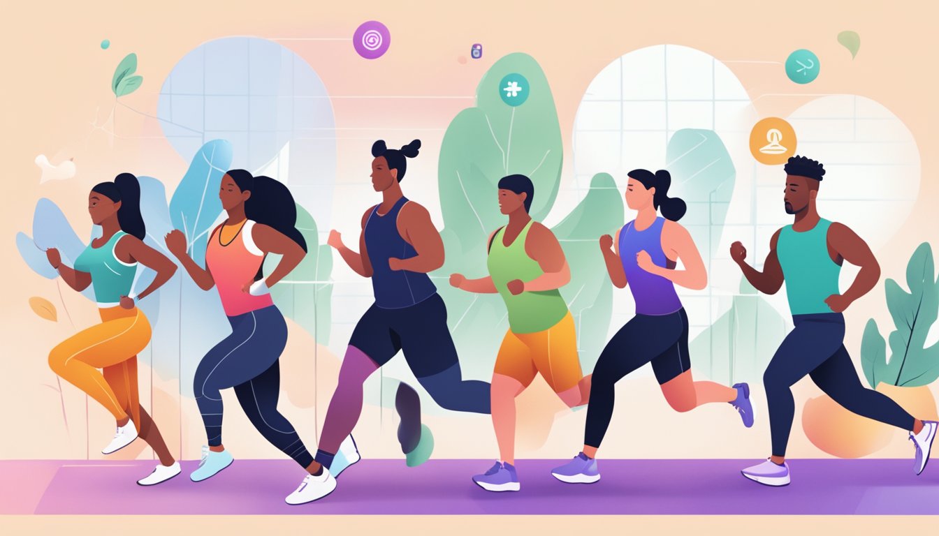 A diverse group of people using health and fitness apps, engaging in various activities such as running, yoga, and weightlifting, while supporting each other virtually