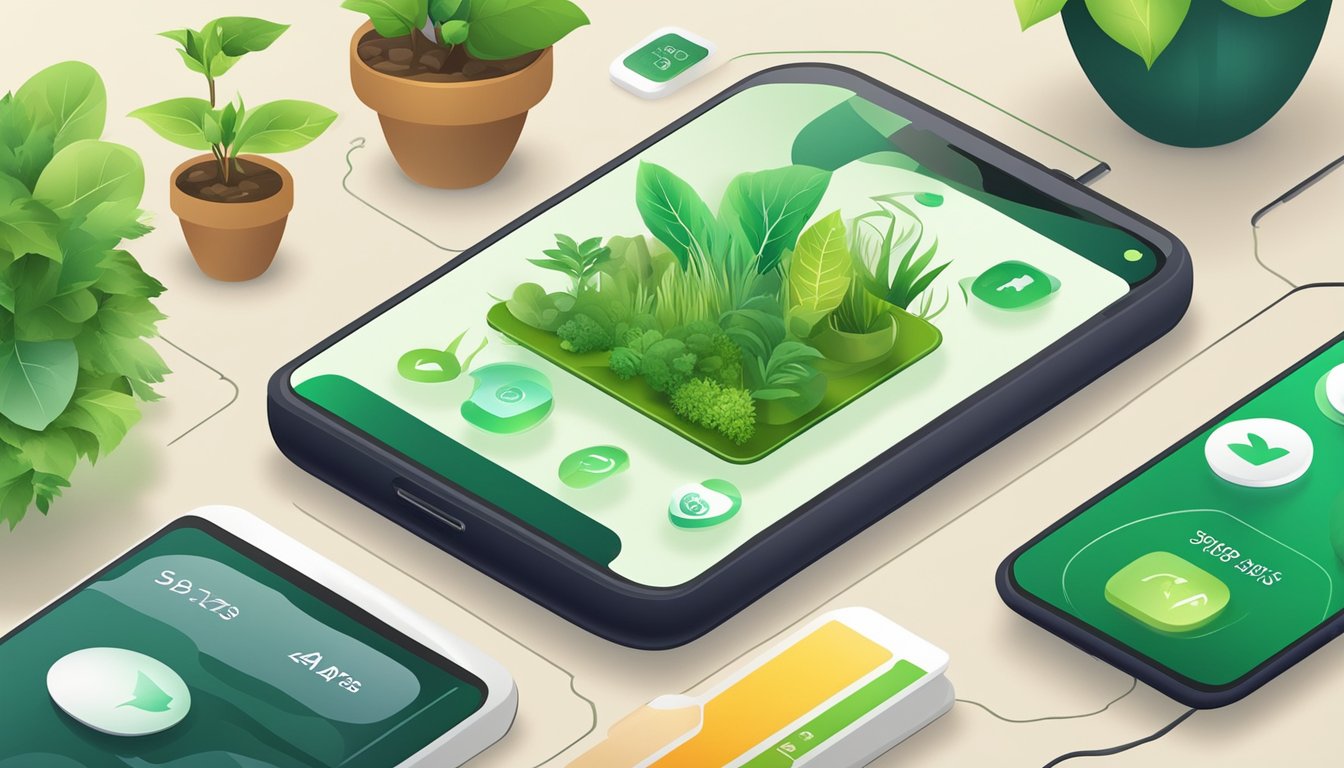 A smartphone with eco-friendly apps displayed, surrounded by green plants and sustainable products