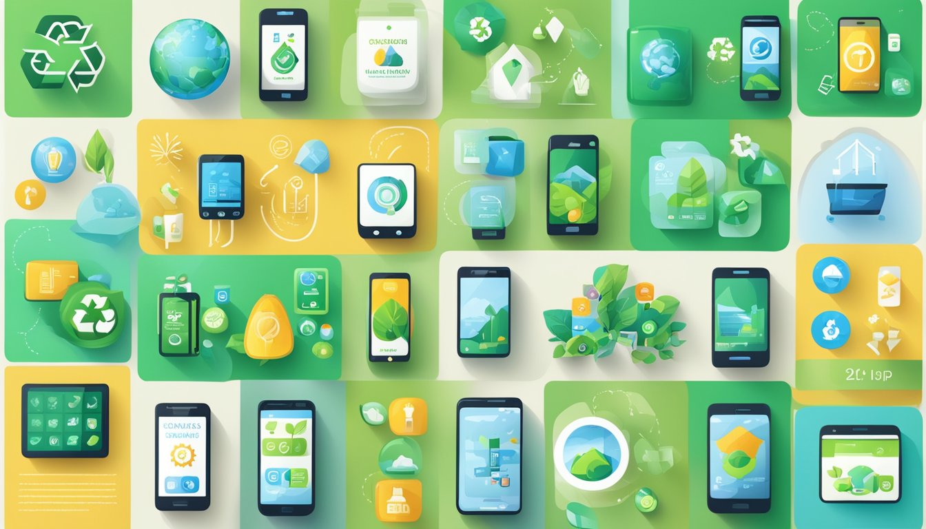 A smartphone displaying eco-friendly apps promoting sustainability and ethical living. Icons of recycling, energy-saving, and sustainable products