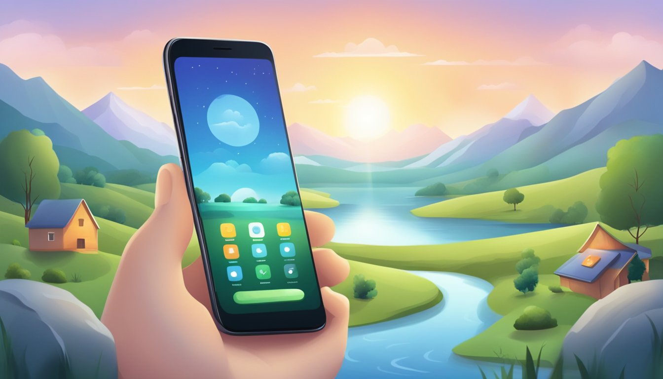 A serene landscape with a smartphone displaying various mindfulness and meditation apps, surrounded by tranquil nature and peaceful surroundings