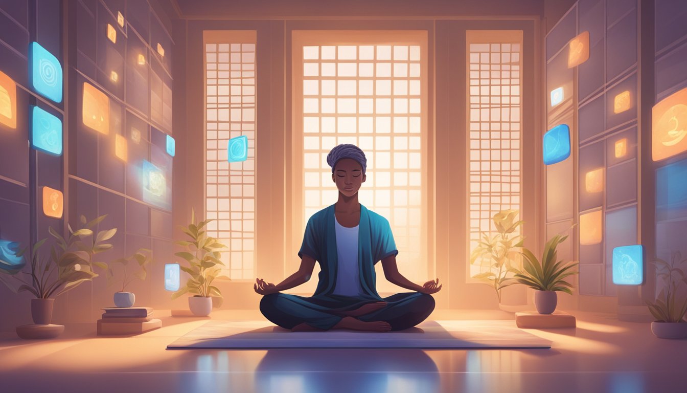 A serene figure sits cross-legged, surrounded by glowing screens displaying various mindfulness and meditation apps. The figure is bathed in a soft, calming light, emanating a sense of peace and tranquility