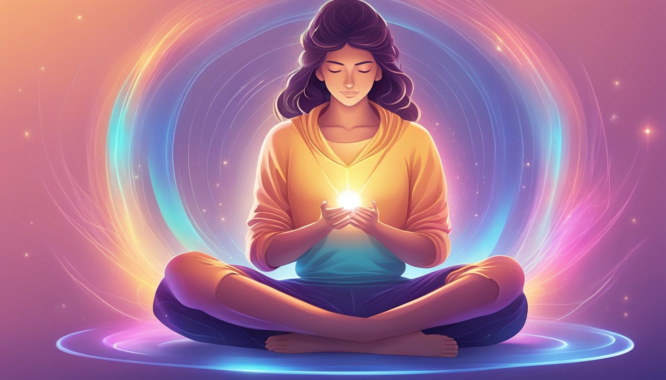 A serene figure sits cross-legged, surrounded by a glowing digital aura. A smartphone displays a variety of mindfulness and meditation apps, radiating tranquility