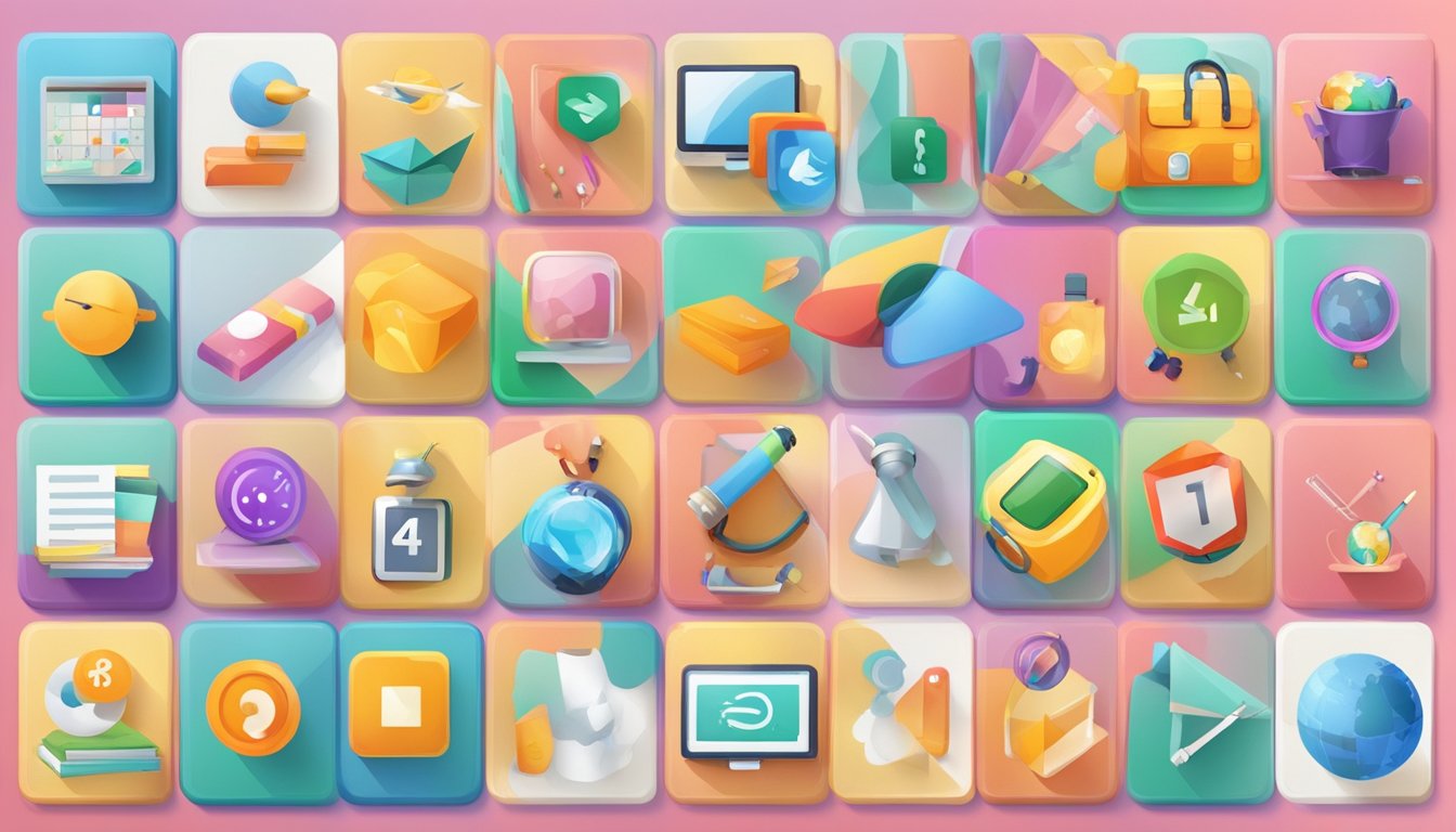 Colorful educational apps icons arranged in a grid, with subjects and skills labeled. A child's hand reaching for one app, while others float around it