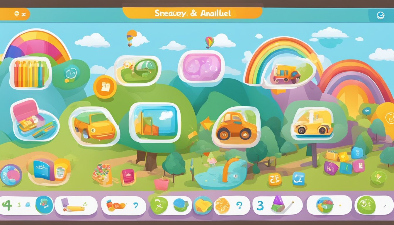 Children's educational apps displayed on a colorful tablet screen, with age-appropriate labels and engaging graphics