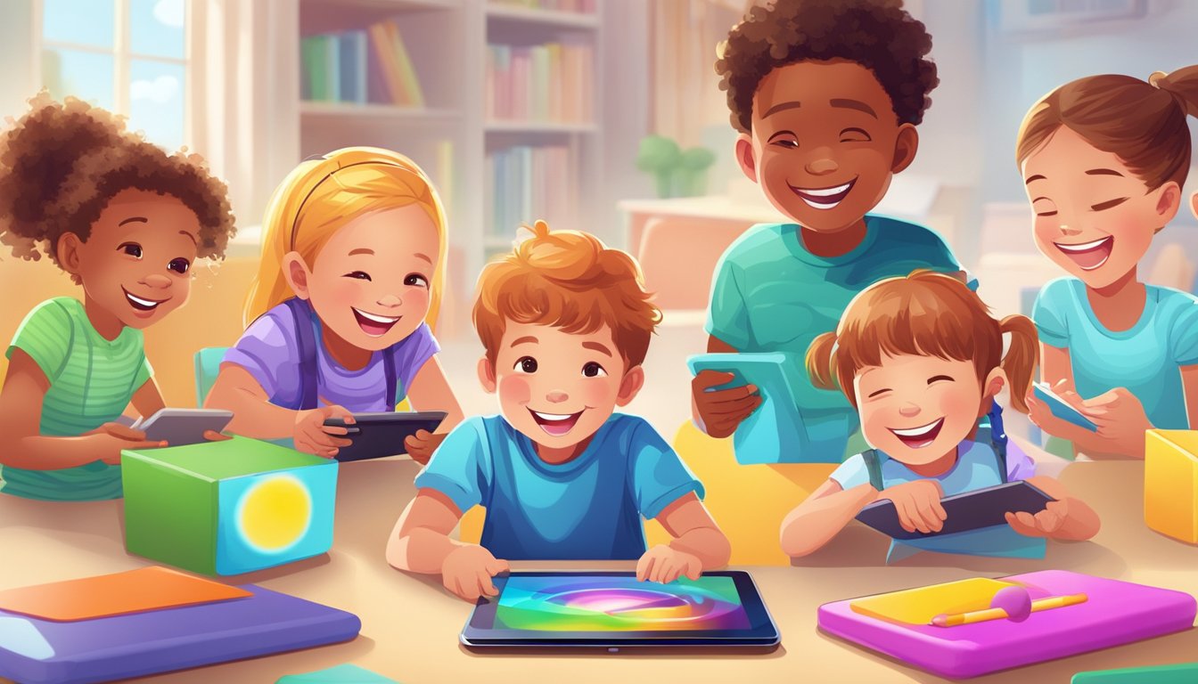 Children happily interacting with colorful educational apps on tablets, smiling and laughing as they learn through engaging activities and games