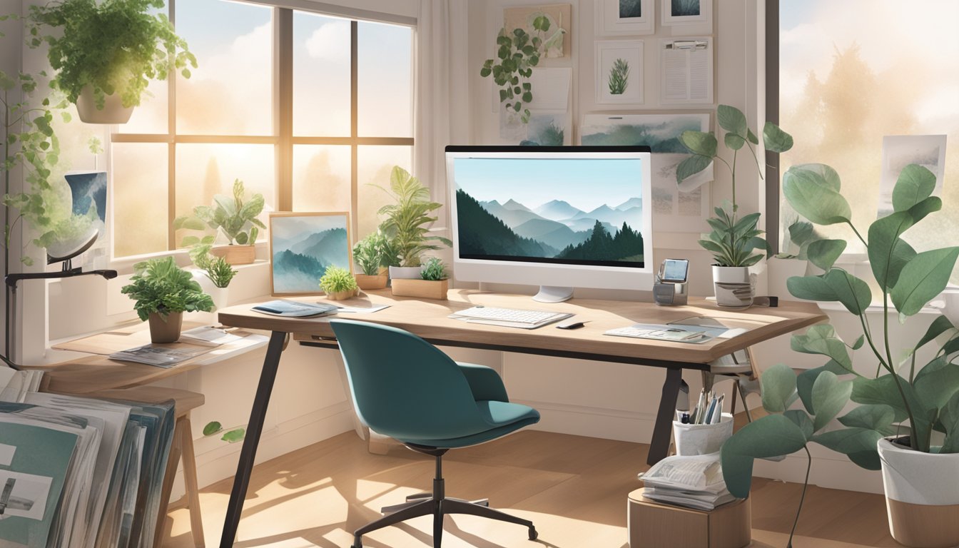 A desk with a computer, tablet, and stylus surrounded by various printed photos and a mood board. A window provides natural light, and a plant adds a touch of greenery