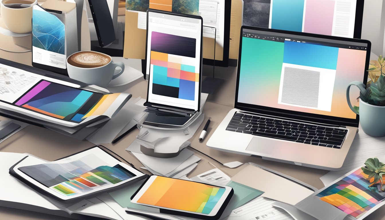 A cluttered desk with a laptop, tablet, and smartphone displaying various photo editing apps. A stack of photography magazines and a cup of coffee sit nearby