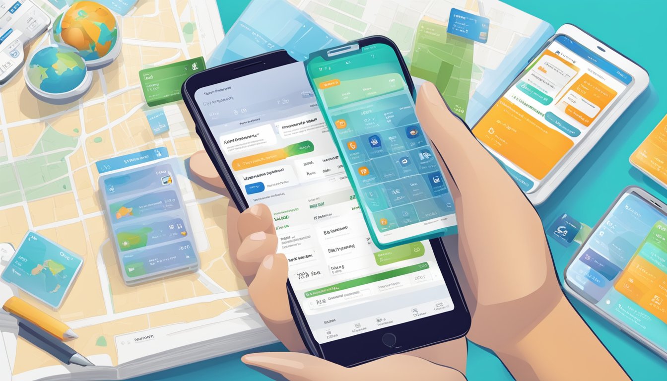 A person using a smartphone to access travel finance apps while on the go. The screen displays various travel planning tools and financial management features