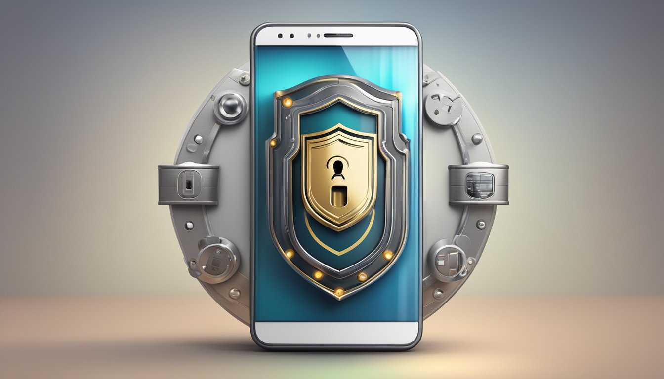 A smartphone with security apps displayed on the screen, surrounded by a lock and shield symbol, with a protective barrier around the device