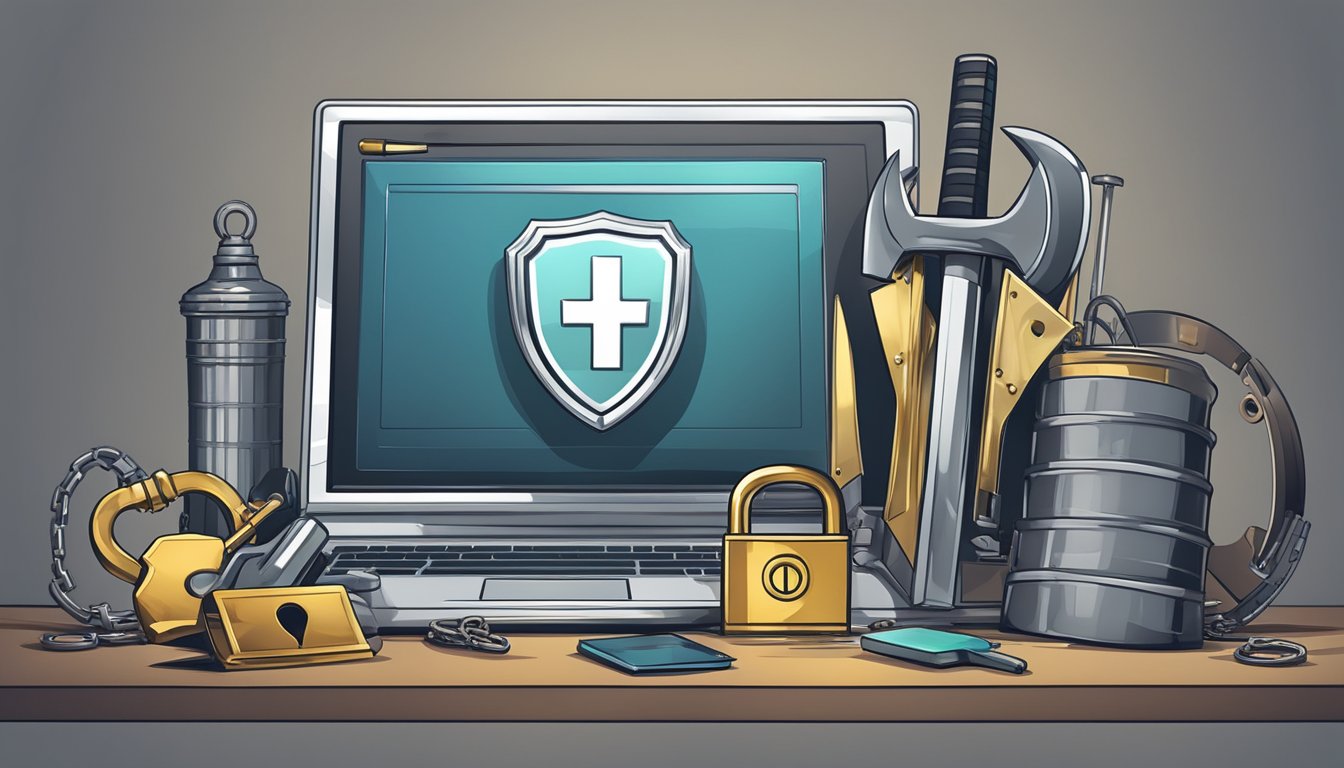 A computer surrounded by a shield, sword, and lock to depict defending against malware and security threats. A wrench and oil can symbolize basic computer maintenance