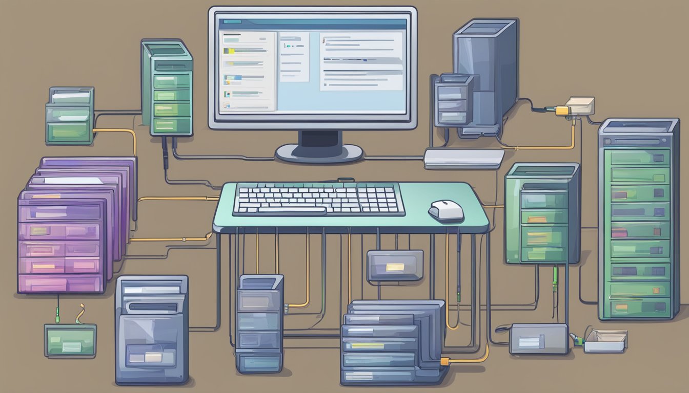 A computer with organized files and folders, connected to an external hard drive for regular backups. A maintenance schedule includes cleaning, updating, and virus scans