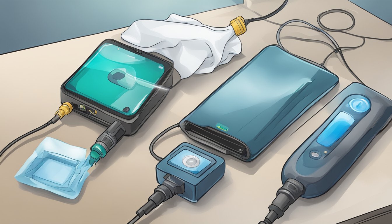 Electronic devices being wiped with microfiber cloth and alcohol solution, using compressed air to remove dust from crevices