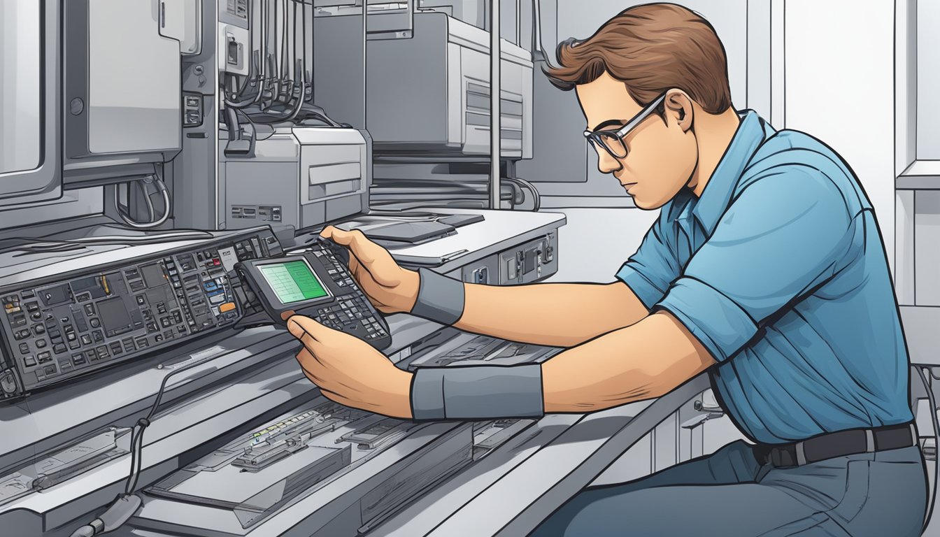 A technician adjusts settings on a device while examining a troubleshooting guide for common problems