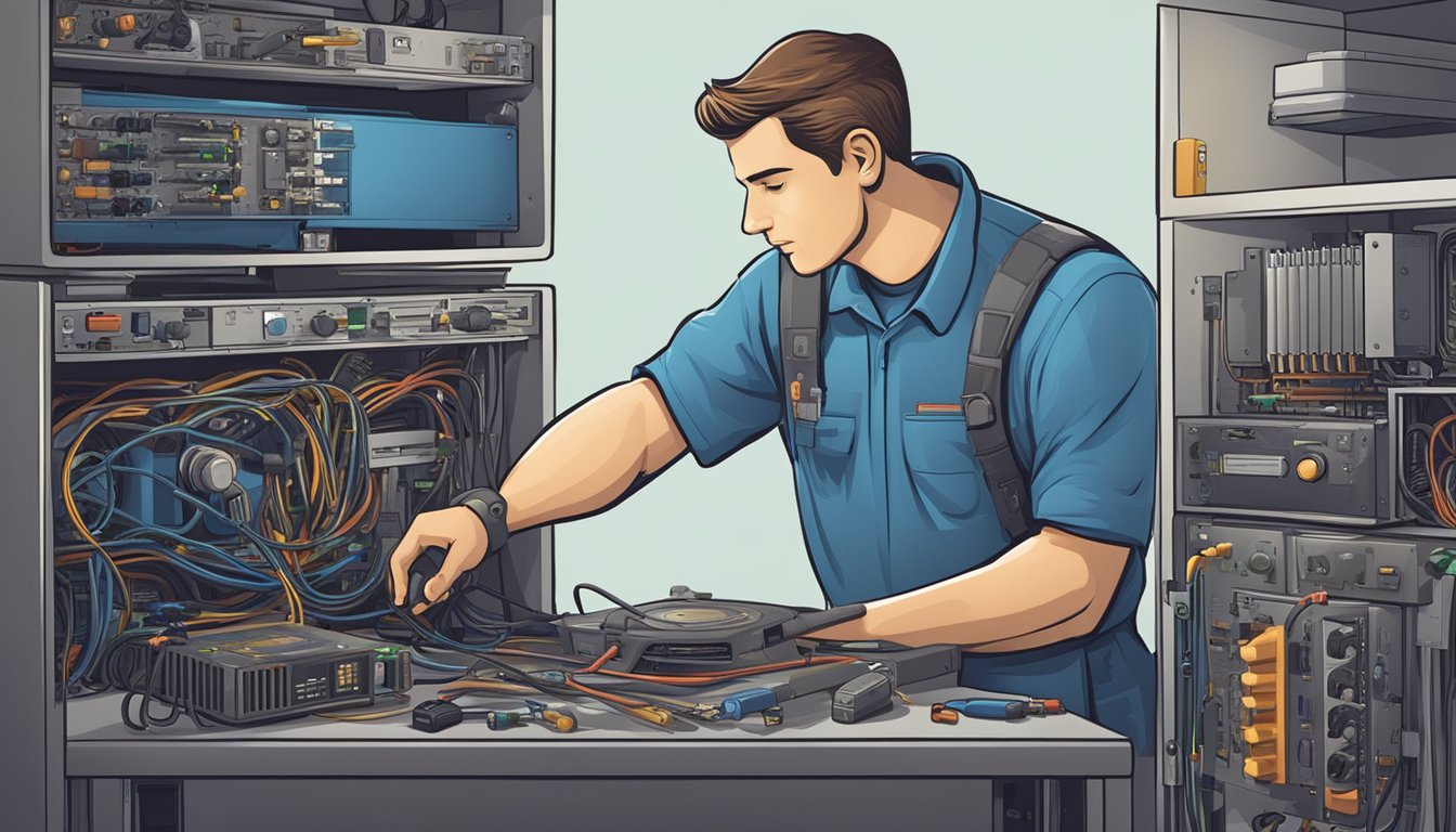 A technician troubleshoots hardware issues, using tools and manuals to fix common device problems