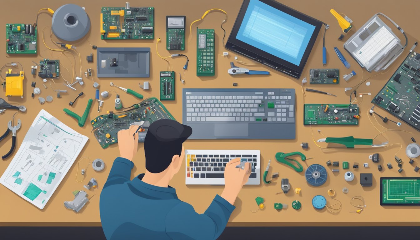 A technician using tools to diagnose and fix common device issues on a workbench with electronic components scattered around