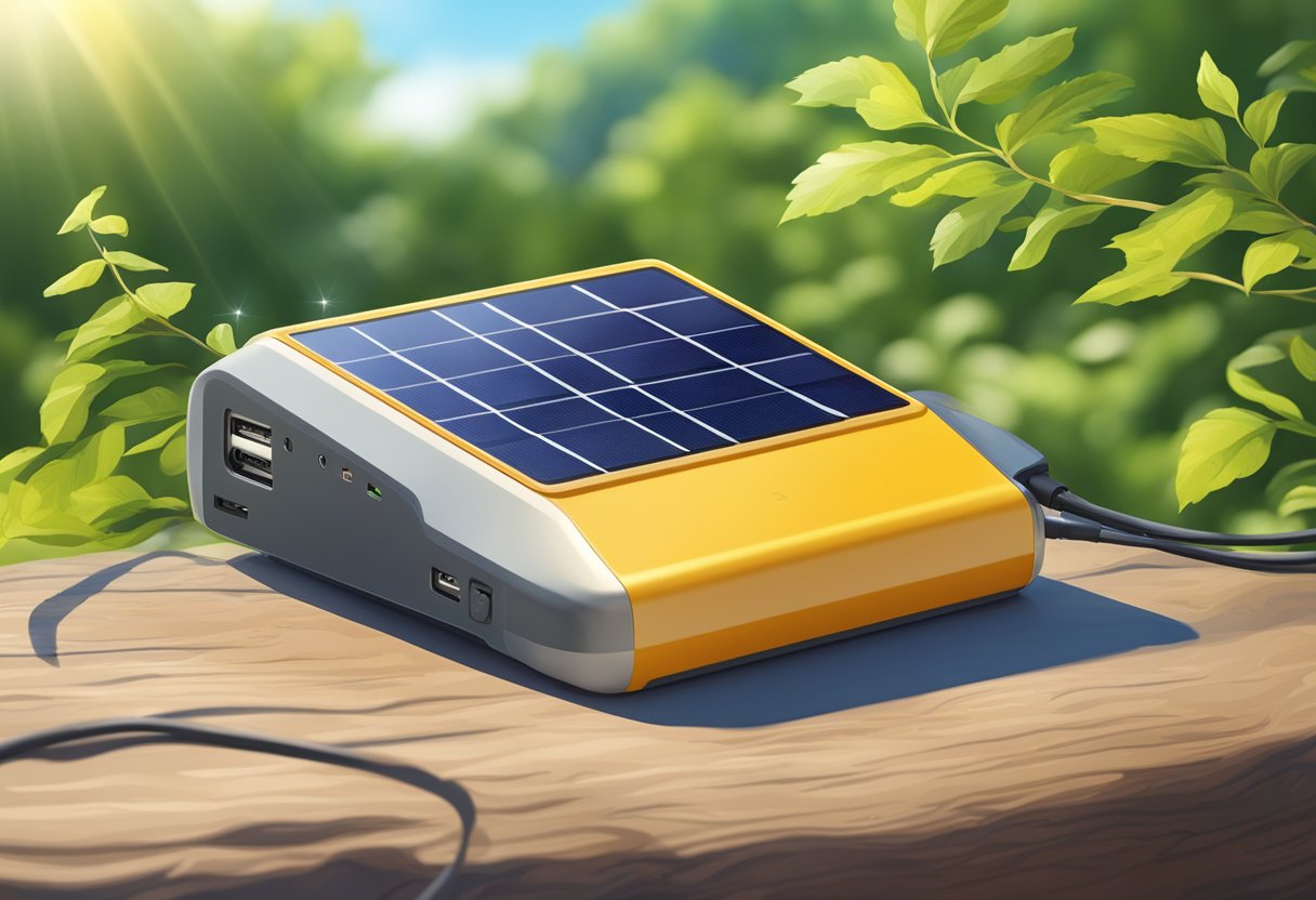 A bright, sunny day with solar power banks charging outdoors, surrounded by greenery and blue skies