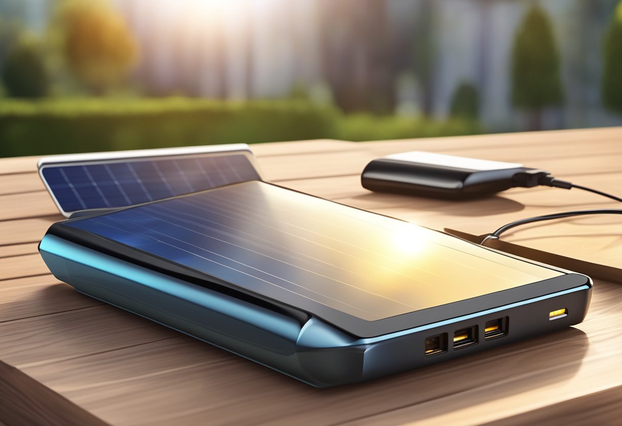 A solar power bank sits on a table, charging under the sun's rays. It is connected to a phone, tablet, and other electronic devices