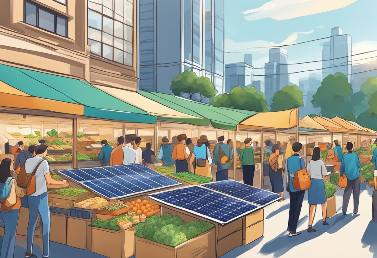 A bustling market with solar power banks on display. People are drawn to the eco-friendly technology, reducing environmental impact