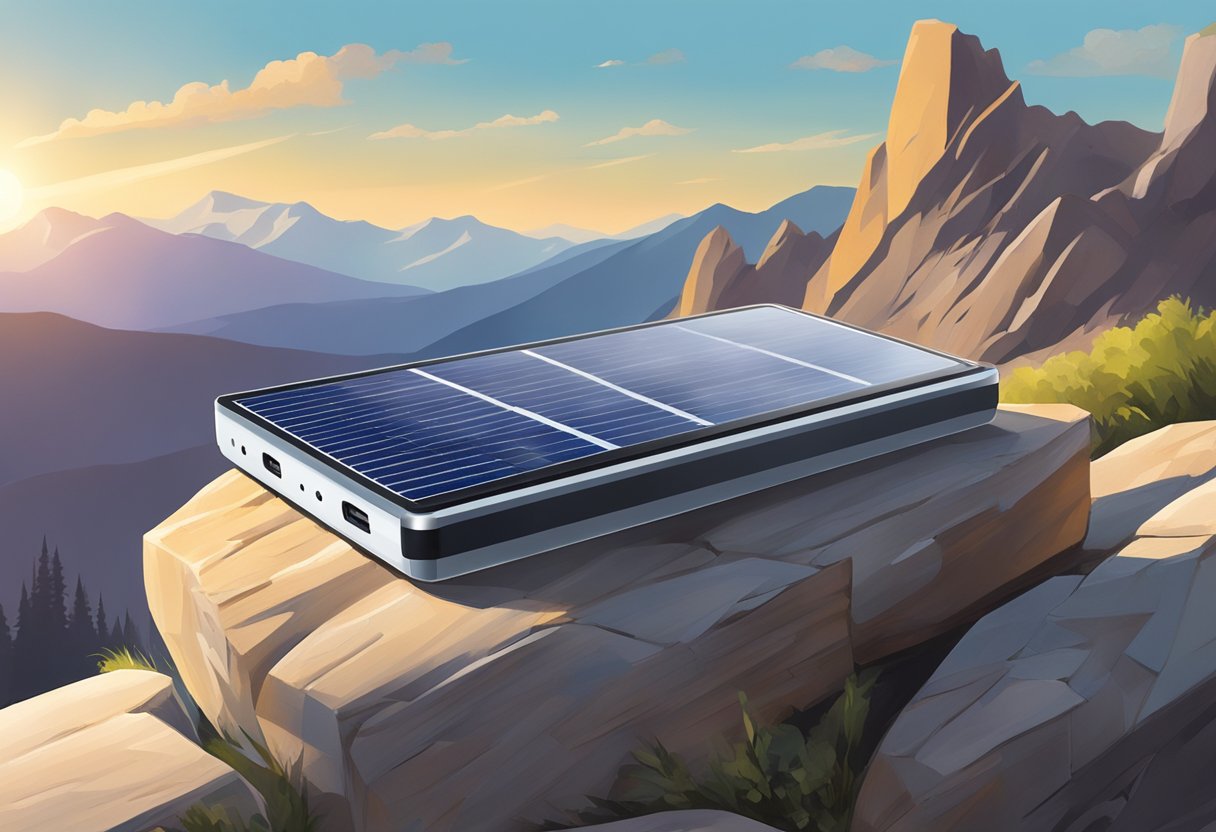 A solar power bank sits on a rocky ledge, absorbing sunlight. Mountains loom in the background, while a clear blue sky stretches overhead