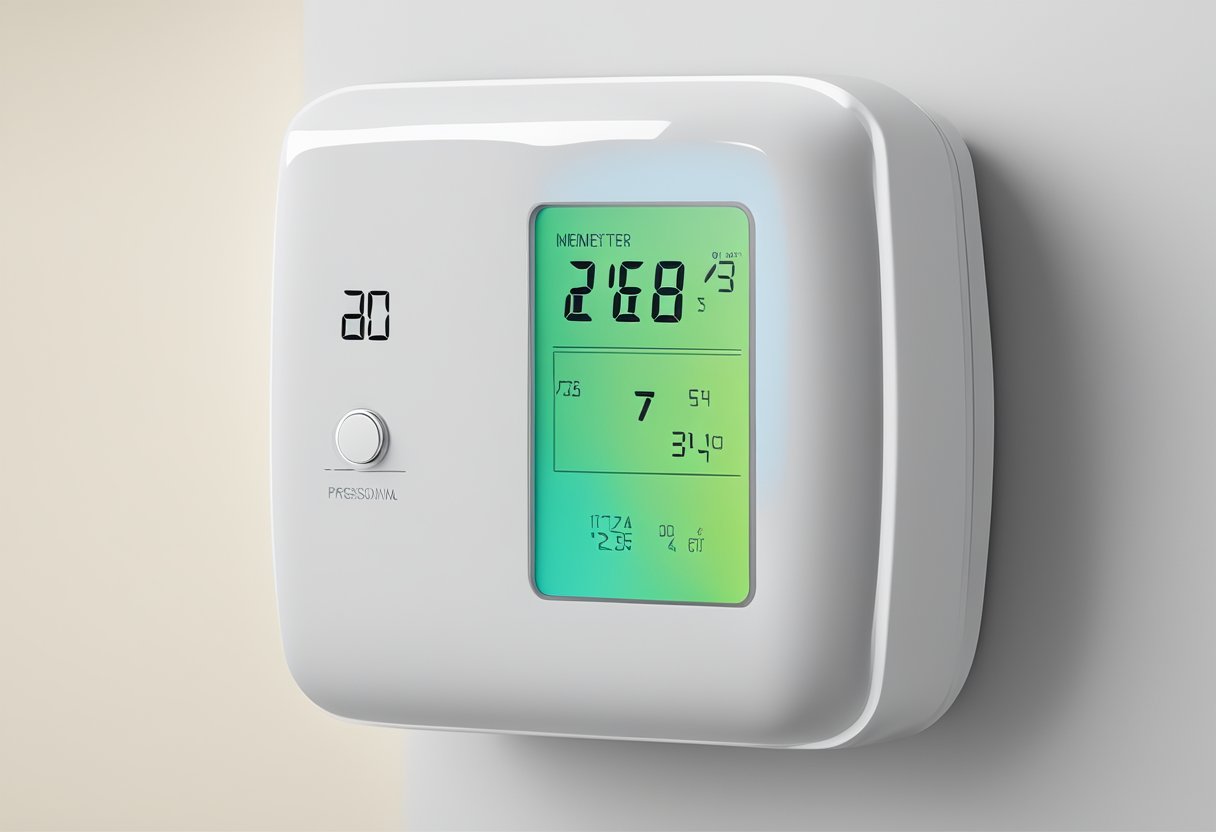 A battery-powered smart thermostat mounted on a white wall, with a digital display showing the current temperature and adjustable settings