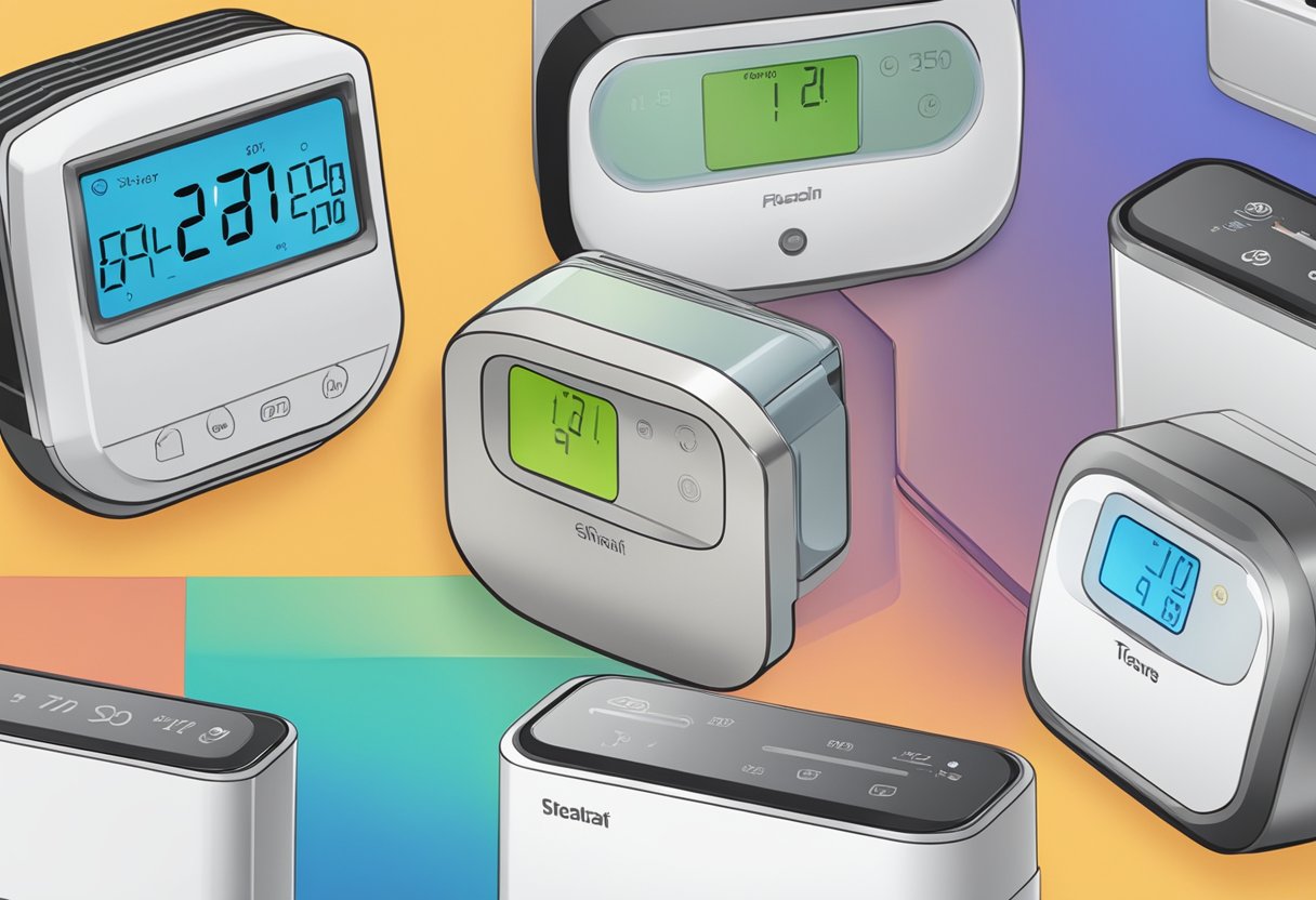 A smart thermostat sits next to multiple battery-powered models for comparison