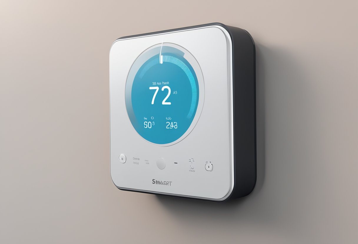 A smart thermostat sits on a wall, powered by a battery, displaying a conclusion on its screen