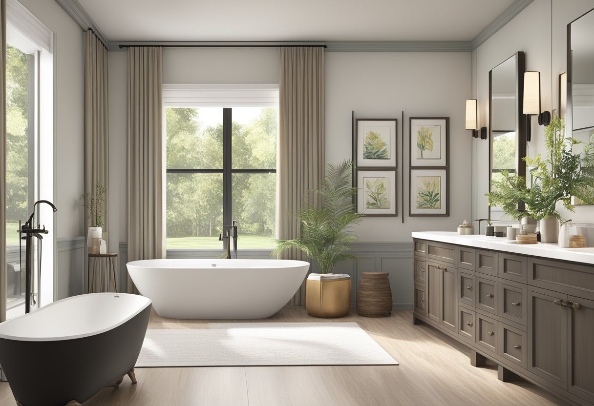 Top 10 Bathroom Remodeling Tips for a Stunning Makeover-A spacious bathroom with modern fixtures, natural lighting, and a neutral color palette. A freestanding bathtub, walk-in shower, and double vanity provide functionality and luxury