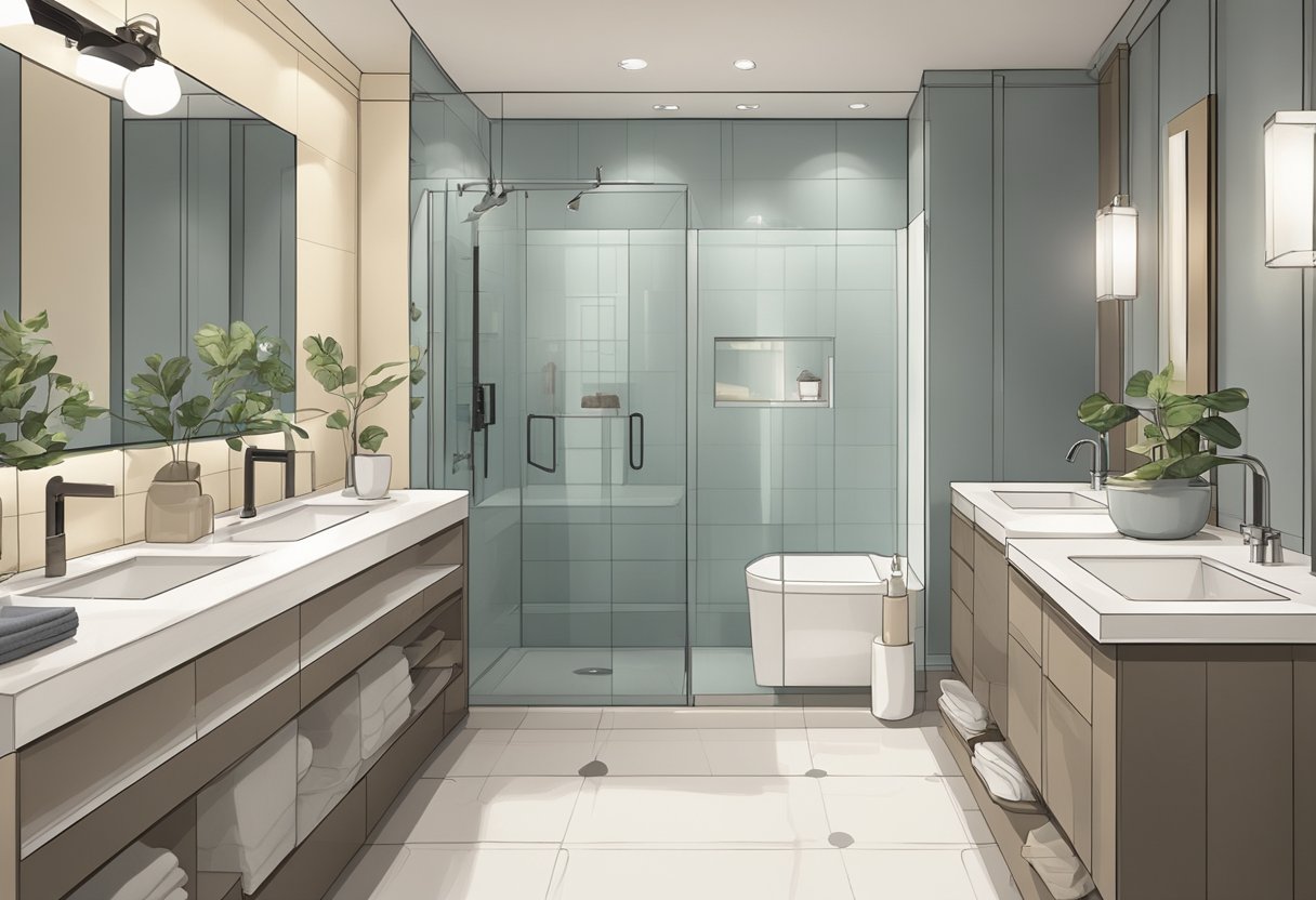 Top 10 Bathroom Remodeling Tips for a Stunning Makeover-A small bathroom with clever storage solutions, a space-saving vanity, and a glass shower enclosure. Bright lighting and a neutral color palette create a sense of openness