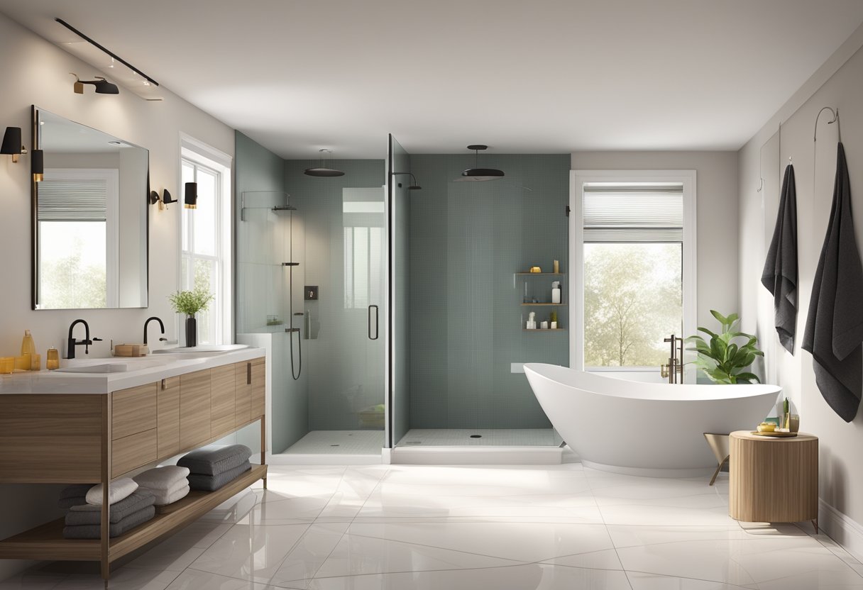 Top 10 Bathroom Remodeling Tips for a Stunning Makeover-A sleek, modern bathroom with clean lines, a spacious walk-in shower, a freestanding bathtub, and elegant fixtures. The color scheme is neutral with pops of color in the accessories