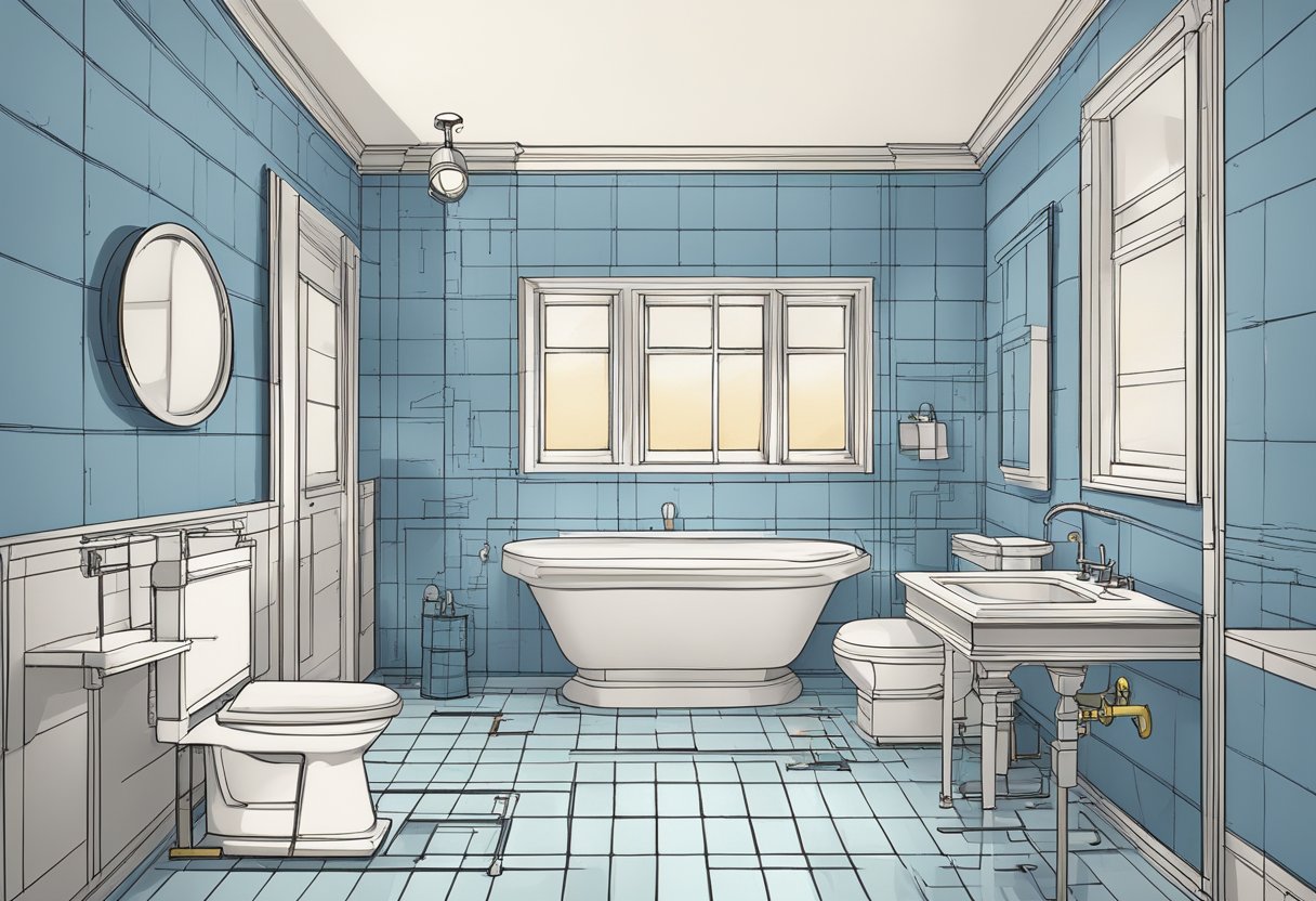 Top 10 Bathroom Remodeling Tips for a Stunning Makeover-A bathroom being remodeled with new fixtures, tiles, and lighting. Tools and materials scattered around. A blueprint and measurements on the wall