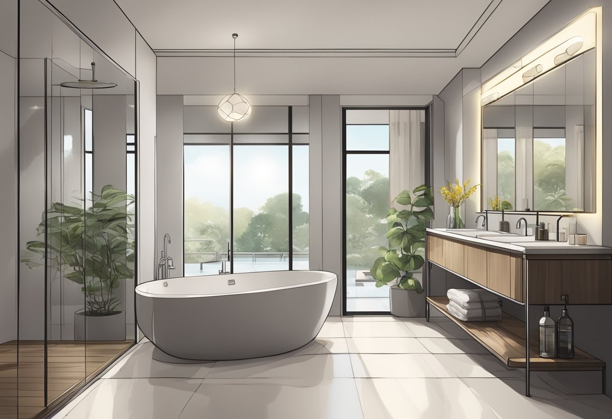 Top 10 Bathroom Remodeling Tips for a Stunning Makeover-A bathroom with modern fixtures and stylish design. Bright lighting and clean lines. Top 10 tips displayed prominently