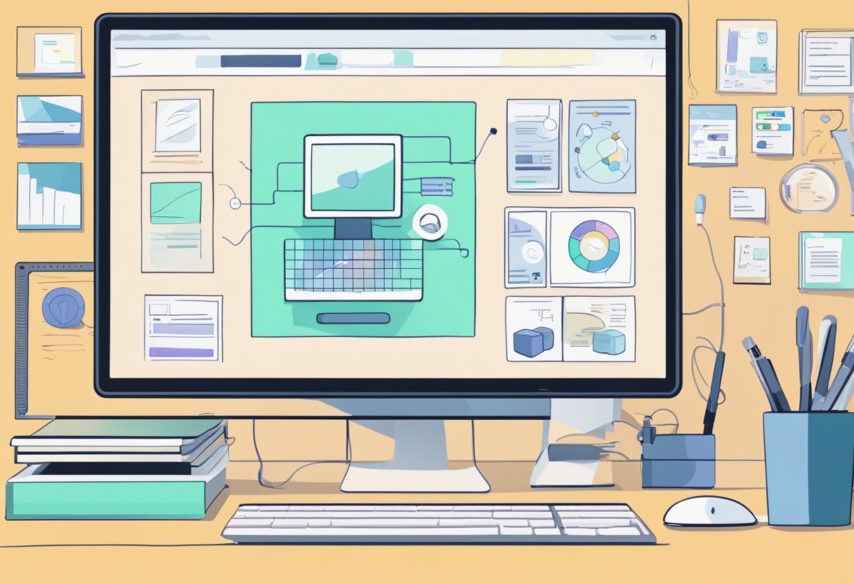 A computer screen with Canva interface open, showing design tools and automation features. Mouse or stylus interacting with the interface