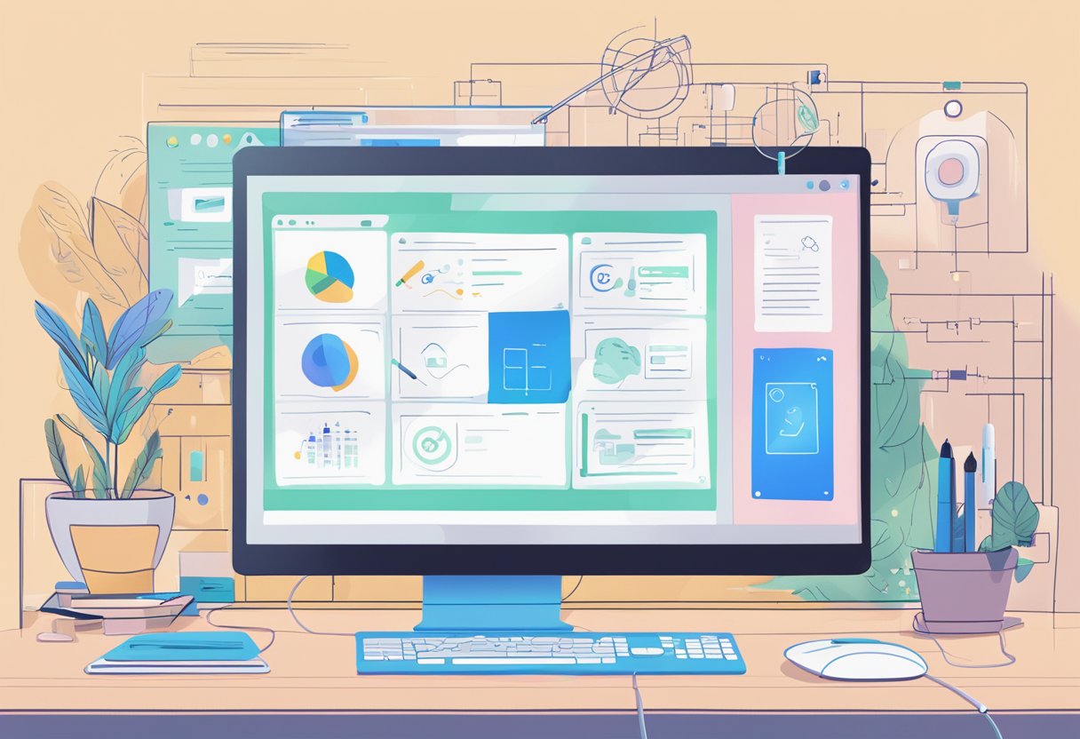 A computer screen with Canva's interface open, showing various design elements being automated and adjusted. A mouse or stylus hovers over the screen, ready to make changes