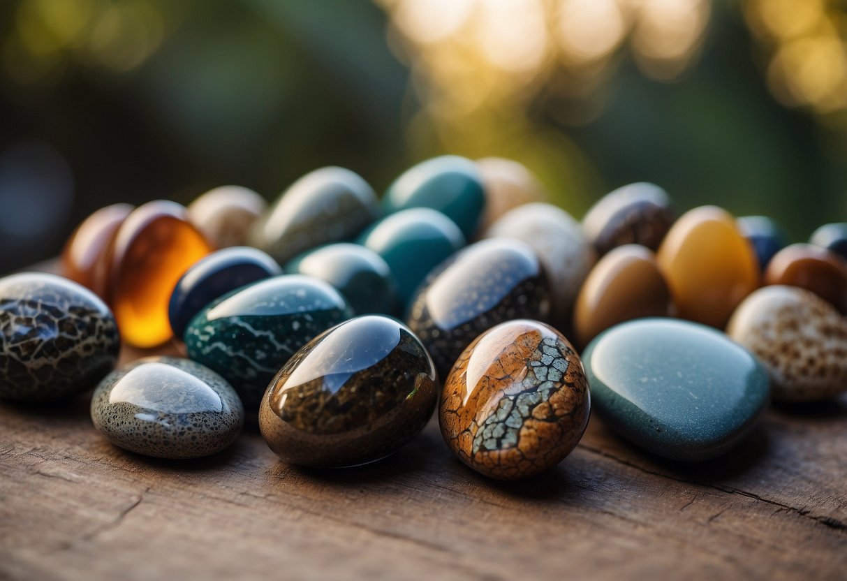 A group of 15 unique rock projects displayed on a table, showcasing various shapes, sizes, and colors, with intricate designs and patterns carved into the surfaces