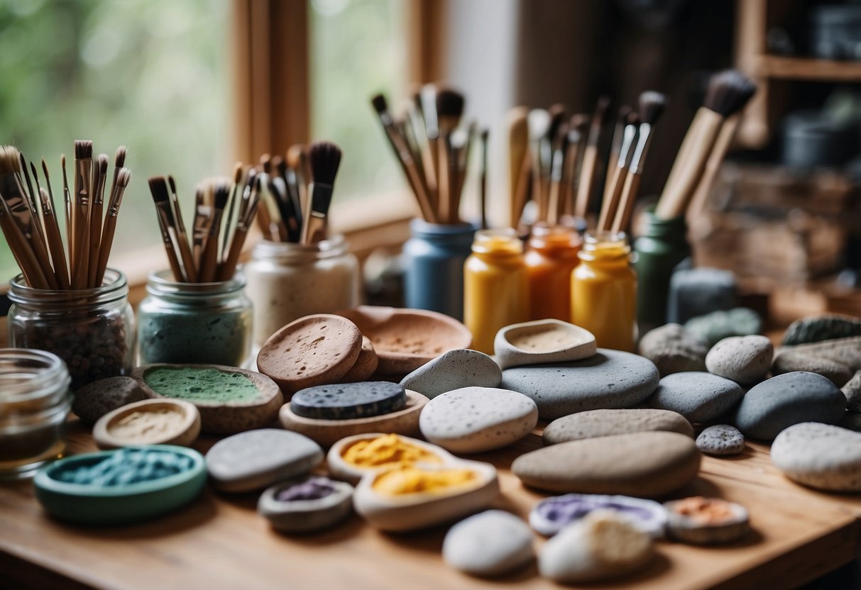 Colorful rocks arranged on a table, surrounded by paintbrushes, paint palettes, and various art supplies. The table is well-lit, with a backdrop of nature or a cozy indoor setting