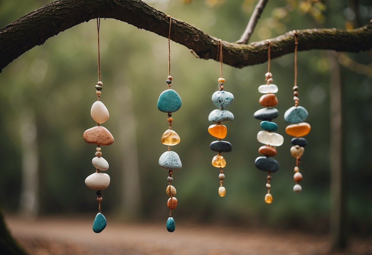 A group of rock wind chimes hanging from a tree branch, swaying in the wind, with various shapes and sizes of rocks tied together with string or wire