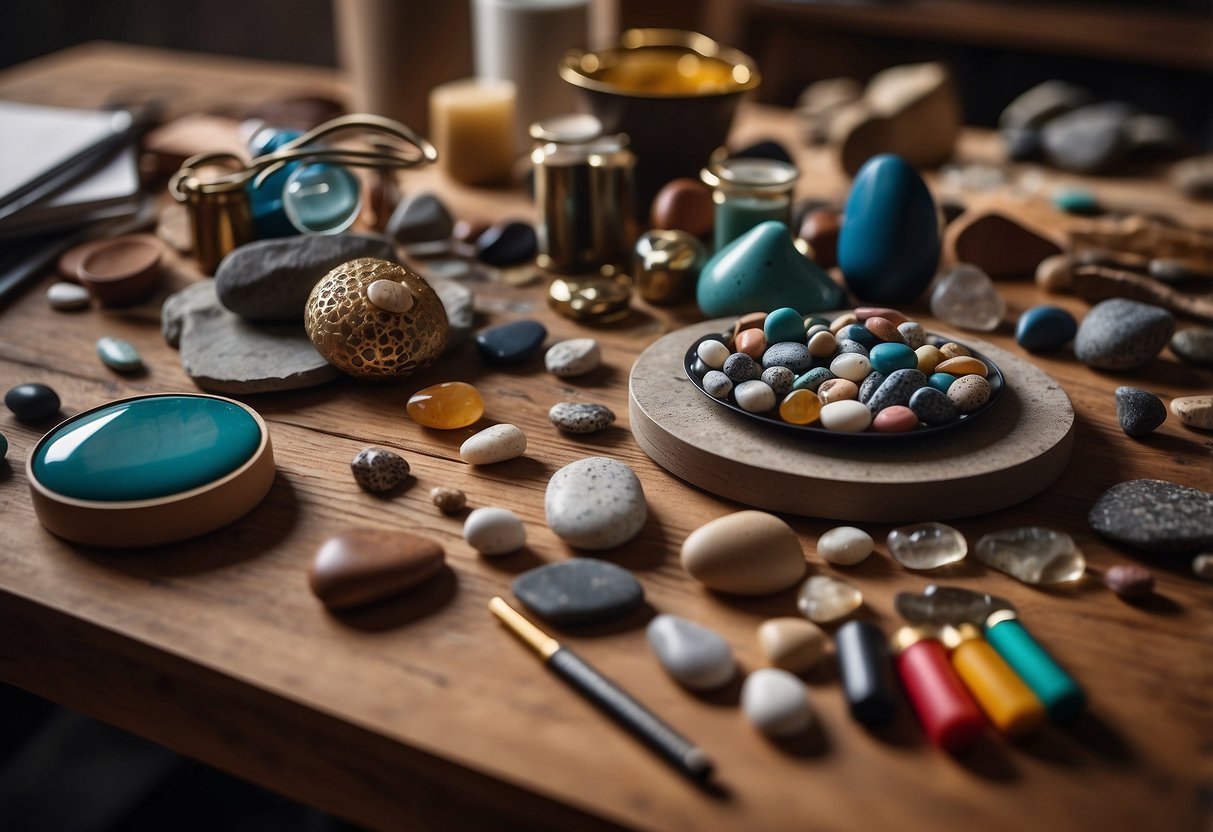 A table with various art supplies and rocks of different sizes, shapes, and colors scattered around. A few finished rock projects are displayed nearby