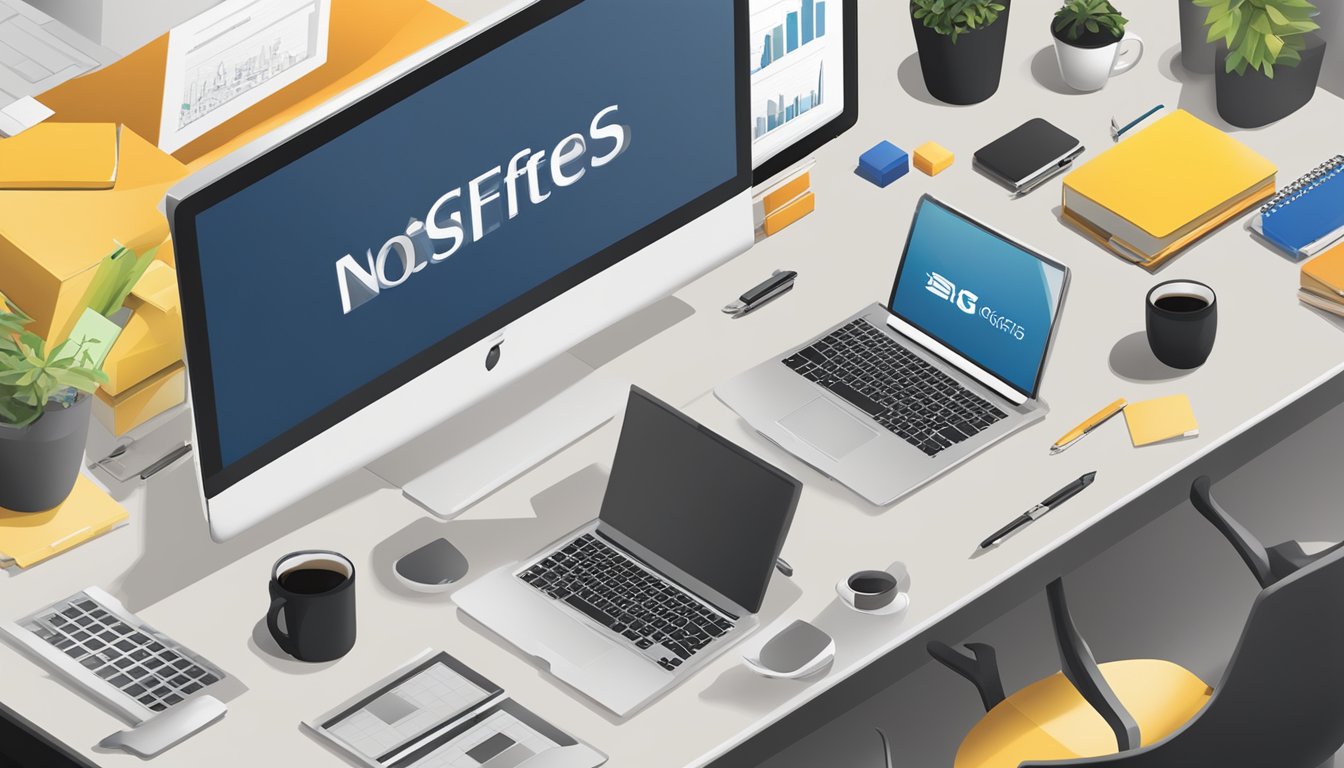 An office desk with a laptop, pen, and notepad, surrounded by branded corporate gifts such as mugs, notebooks, and USB drives. The BigGifts.sg logo is prominently displayed in the background