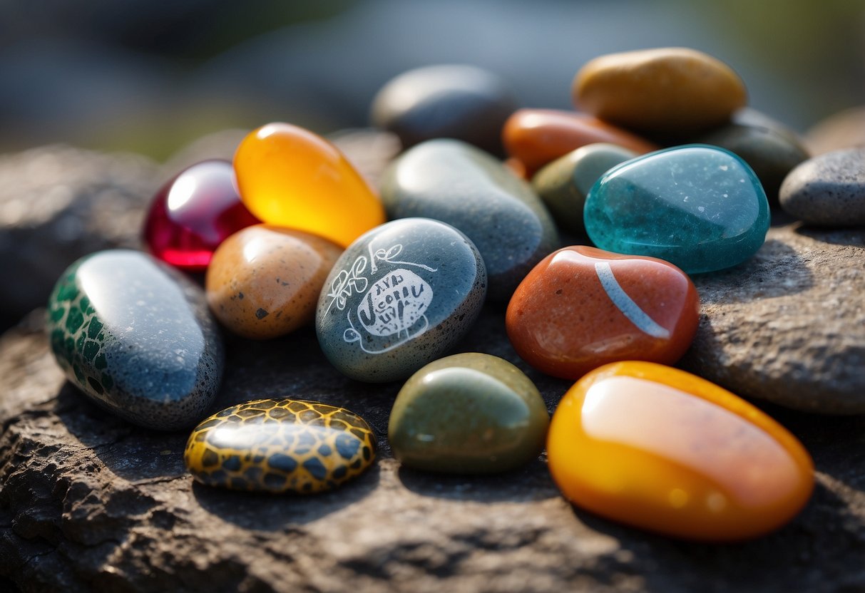 A group of colorful rocks arranged in various creative designs, with safety tips written on a nearby sign