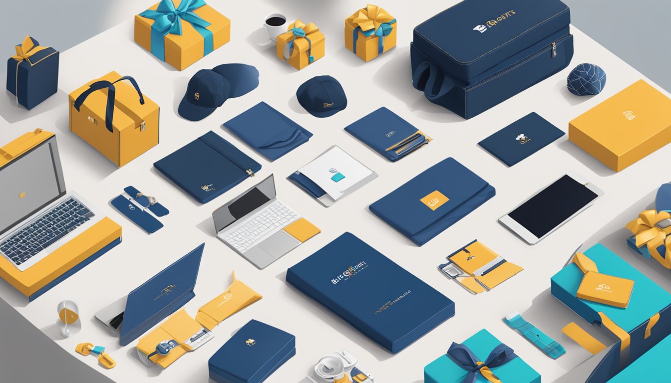 A table filled with a variety of corporate gifts, including branded merchandise, tech gadgets, and elegant accessories. The logo of BigGifts.sg is prominently displayed on the packaging