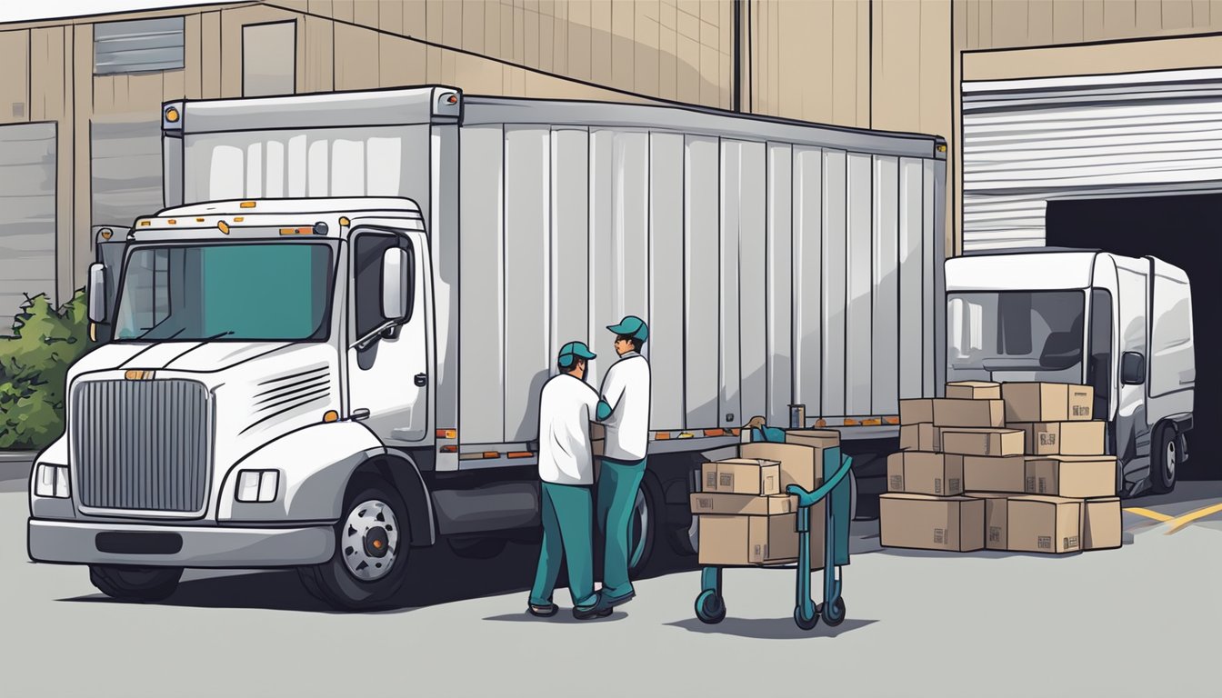 A delivery truck parked outside BigGifts.sg warehouse, workers unloading boxes labeled "Corporate Gifts." The warehouse is busy with shipping activities