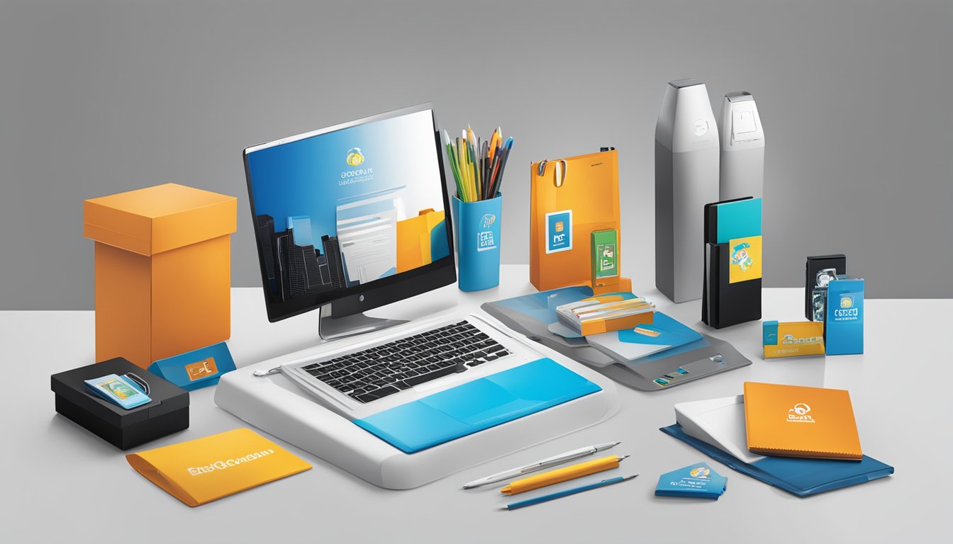 A group of corporate gifts from BigGifts.sg are neatly displayed on a sleek, modern desk. The logo is prominently featured on each item, showcasing their high-quality and professional appeal