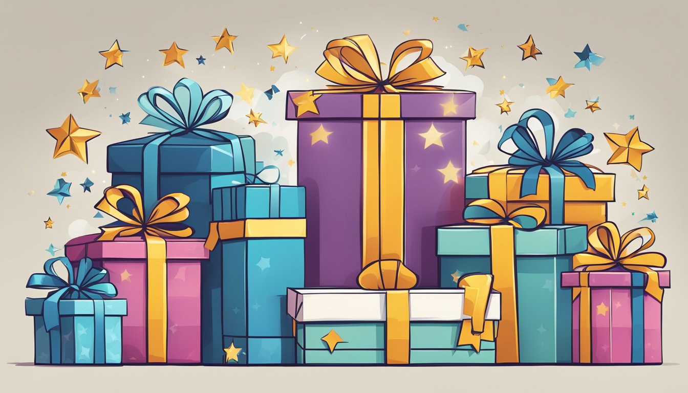 A stack of corporate gifts with the label "BigGifts.sg" surrounded by question marks and a review star rating