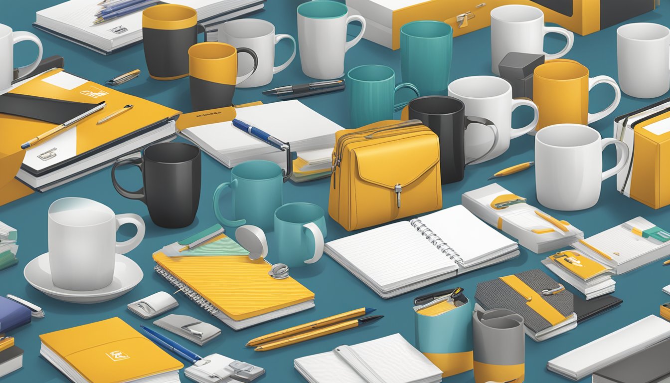 A table displays a variety of corporate gifts, including branded mugs, pens, and notebooks. The company's logo is prominently featured on each item