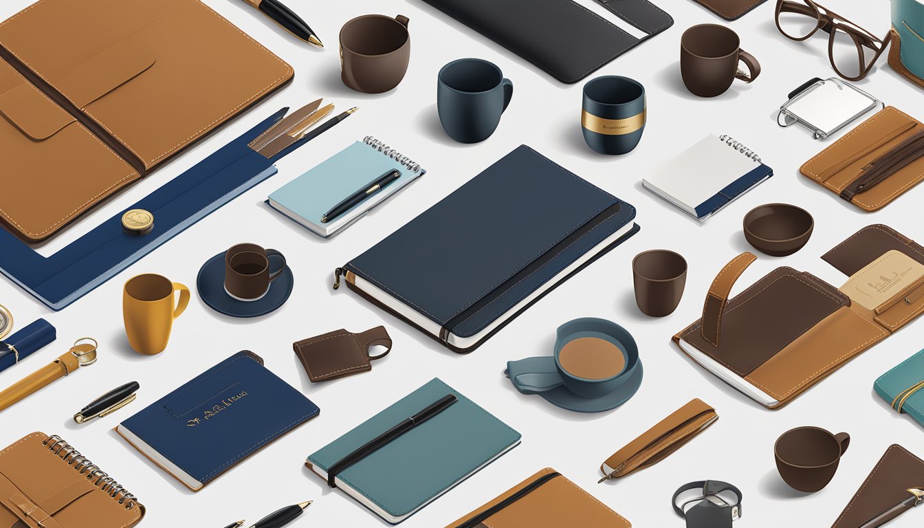 A table displays various corporate gifts: branded pens, custom notebooks, logo-embossed mugs, and personalized leather portfolios