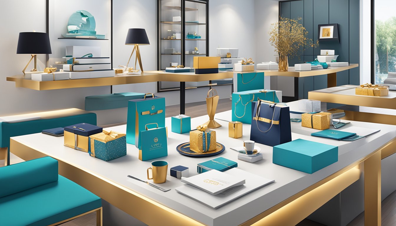 A table adorned with an array of corporate gifts, including branded merchandise and luxury items, displayed in a sleek and modern showroom setting