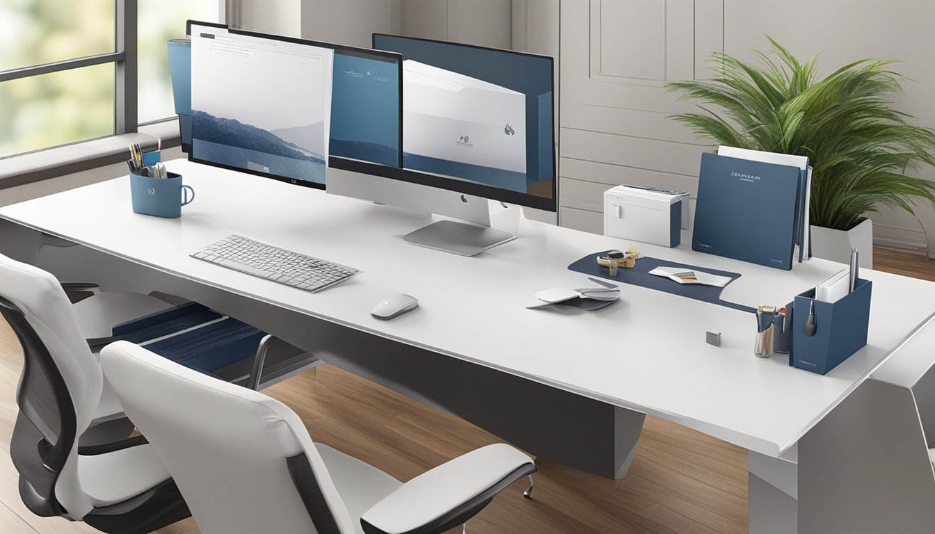 A sleek and modern office desk is adorned with a selection of high-quality corporate gifts from BespokeGifts.com.sg. The gifts are elegantly displayed, showcasing their superior craftsmanship and attention to detail