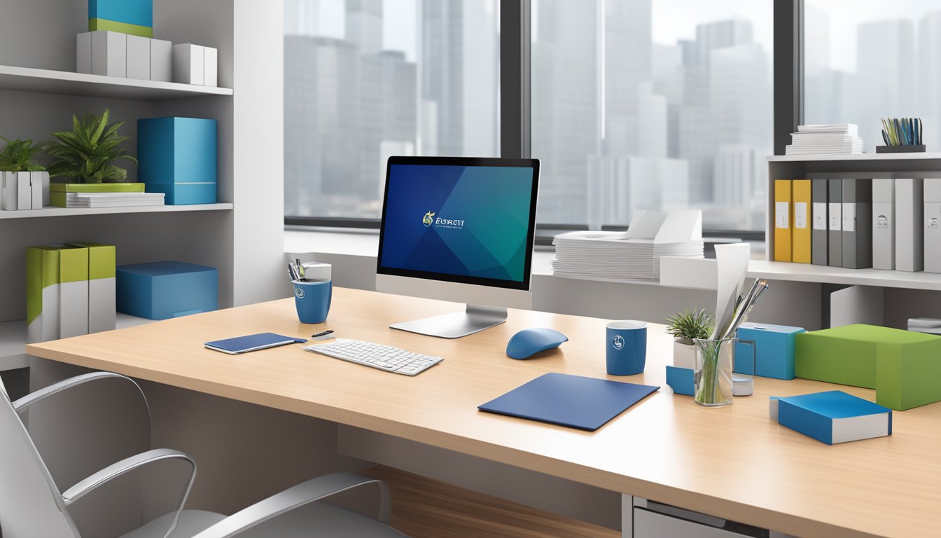 A sleek office desk with a branded corporate gift set displayed prominently. The company logo is visible in the background
