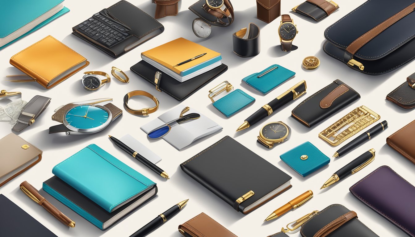 A table adorned with a variety of corporate gifts, from elegant pens and notebooks to luxurious leather goods and high-quality tech accessories
