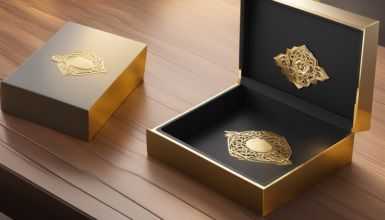 A luxurious gold corporate gift box sits on a polished wooden desk, adorned with intricate detailing and craftsmanship. The Goldlink Asia Distribution Pte Ltd logo is elegantly embossed on the packaging